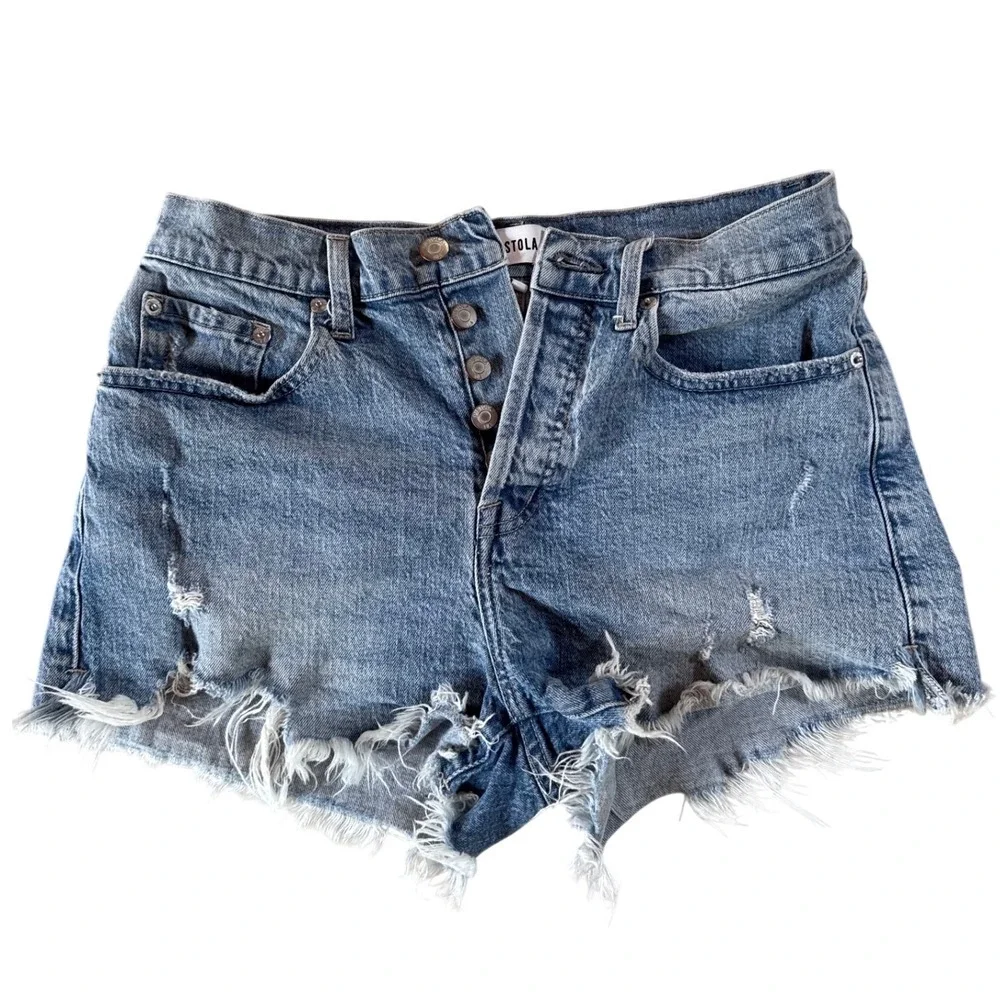 Pistola Distressed Denim Shorts Light Wash Button Fly Frayed Hem Size 27